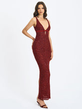 Load image into Gallery viewer, Elora Crimson Sequin Beaded Keyhole Maxi Dress
