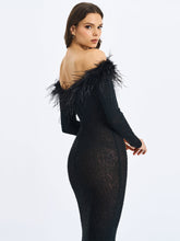 Load image into Gallery viewer, Emberly Black Fur Trimmed Off-Shoulder Rhinestone Mermaid Maxi Dress
