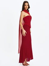 Load image into Gallery viewer, Giselle Crimson Peplum Mermaid Gown with Chiffon Scarf

