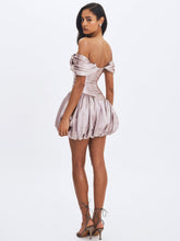 Load image into Gallery viewer, Milena Champagne Ruched Asymmetrical Bubble Mini Dress
