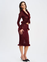 Load image into Gallery viewer, Halia Burgundy Animal Print Burnout Velvet Fur Trim Skirt
