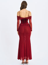 Load image into Gallery viewer, Maybelle Magenta Bardot Lace Strap Peplum Maxi Dress
