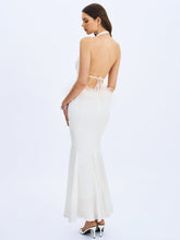 Load image into Gallery viewer, Solene Pleated Halter Backless Feather-Trim Maxi Dress
