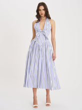 Load image into Gallery viewer, Mackenna Navy Stripe Halter Smock Back Maxi Dress
