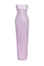 Load image into Gallery viewer, Lainey Purple Satin Sequin Pearls Beaded Maxi Dress
