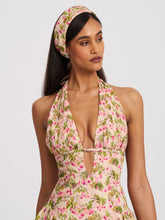 Load image into Gallery viewer, Mackenzie Green and Pink Floral Print Halter Linen Mini Dress
