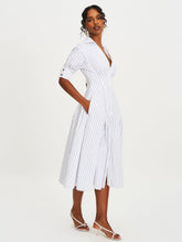 Load image into Gallery viewer, Palina Pinstripes Cotton Poplin Pleated Midi Preppy Shirt Dress
