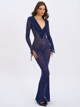 Load image into Gallery viewer, Ilyse Navy V-Neck Plunge Animal Print Mermaid Hem Maxi Dress
