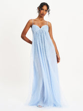 Load image into Gallery viewer, Wallie Baby Blue Rhinestone Embellished Mesh Backless Gown
