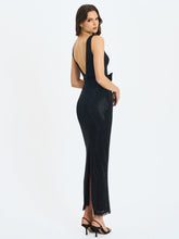 Load image into Gallery viewer, Olympia Black Belted Bow Plunging Rhinestone Maxi Dress
