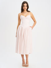 Load image into Gallery viewer, Zania Pink Stripe Ruched Breast Cotton Jacquard Midi Dress
