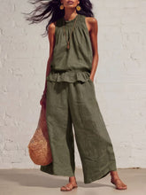 Load image into Gallery viewer, Women's Smocked Neckline Ruffle Hem Linen Tank &amp; Wide-Leg Cropped Pants Set
