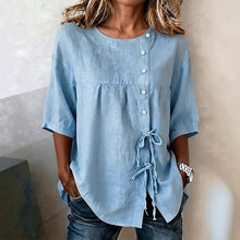 Load image into Gallery viewer, Women's Lace-Up Button Shirt – 3/4 Sleeve Asymmetric
