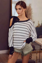 Load image into Gallery viewer, BiBi Stripe Yarn Dye Waffle One Shoulder Women's Top with Ribbon Detail
