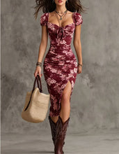 Load image into Gallery viewer, Women's Vintage Puff-Sleeve High-Waist Split Maxi Dress

