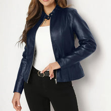 Load image into Gallery viewer, Women's Solid Color Long Sleeve Stand Collar Faux Leather Blazer
