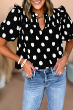 Load image into Gallery viewer, Black Polka Dot Print Smocked Notched Neck Balloon Sleeve Blouse
