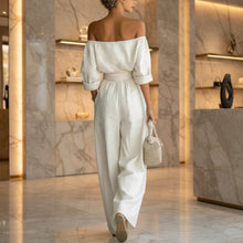 Load image into Gallery viewer, Women's Off-Shoulder Puff Sleeve Blouson Top &amp; High-Rise Wide-Leg Pants Set
