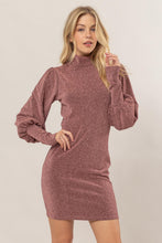 Load image into Gallery viewer, Glitter Mock Neck Long Sleeve Mini Dress – Sparkling Mock Neck Dress, Elegant, Flattering, Glitter Knit Dress, Elegant Mini Dress, Long Sleeve Party Dress, Statement Evening Dress
