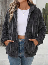Load image into Gallery viewer, Dark Gray Women Checkered Pattern Jacket Comfy Textured Zip-Up Drawstring Fuzzy Jacket

