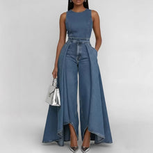 Load image into Gallery viewer, Women’s Crew Neck Sleeveless Wide-Leg Denim Jumpsuit
