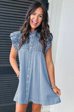 Load image into Gallery viewer, Beau Blue Flutter Sleeve Shirred Button Up Denim Mini Dress
