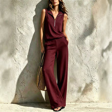 Load image into Gallery viewer, Women's Quarter-Zip Stand Collar Sleeveless Top &amp; Wide-Leg Pants Set
