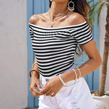 Load image into Gallery viewer, Ladies' Off Shoulder Striped Top Casual One Shoulder Shirt
