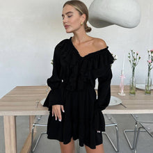 Load image into Gallery viewer, Fashion V Neck Pleated Ruffle Long Sleeve Dress Y2K V Neck Flared Sleeve Short Dress Women's Clothing
