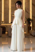 Load image into Gallery viewer, Women's Mock Neck Asymmetric Hi-Lo Peplum Top &amp; Accordion Pleated Wide-Leg Palazzo Pants Set
