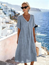 Load image into Gallery viewer, Patchwork Asymmetrical Maxi Dress – Relaxed V-Neck Style

