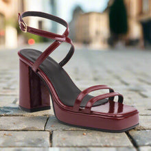 Load image into Gallery viewer, Square-Toe Buckle Strap High Heels – Elegant Thin-Strap Summer Block Heels
