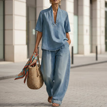 Load image into Gallery viewer, Retro V-Neck Washed Denim Top &amp; Wide-Leg Pants Set – 3 Colors, S–3XL
