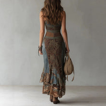 Load image into Gallery viewer, Retro Patchwork Print Asymmetric Slip Dress – High-Waist High-Slit Boho Maxi Dress
