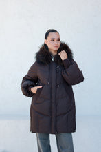 Load image into Gallery viewer, Celeste Genuine Fur Trim Down Fill Coat in Fig
