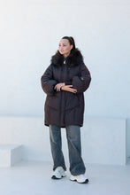 Load image into Gallery viewer, Celeste Genuine Fur Trim Down Fill Coat in Fig
