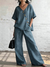 Load image into Gallery viewer, Women's Loose Cotton-Linen V-Neck Top &amp; Wide-Leg Pants Set
