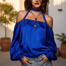 Load image into Gallery viewer, Women's Halter Neck Satin Blouse | Shoulder-Baring Long Sleeve Top in 5 Colors
