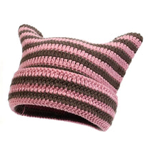 Load image into Gallery viewer, Women’s Hand Knitted Striped Cat Hat – Cute Warm Winter Beanie
