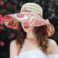 Load image into Gallery viewer, Women's Patterned Straw Beach Sun Hat – Round Crown UV Protection Summer Hat
