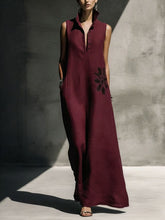 Load image into Gallery viewer, Women's Cotton Linen Mandarin Collar Maxi Dress – Graphic Print with Pockets
