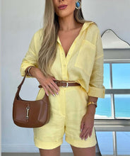 Load image into Gallery viewer, Women's Casual Long-Sleeve Shirt &amp; Shorts Set – Cotton 2-Piece
