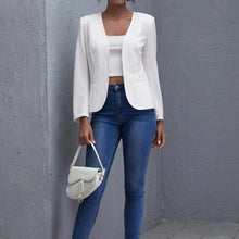 Load image into Gallery viewer, White Open-Front Cropped Blazer – Women's Plus Size Collarless Long Sleeve Jacket
