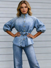 Load image into Gallery viewer, Women's Retro Washed Denim Top | Lantern Sleeve Stand Collar Belted Shirt in Blue | S–XXL
