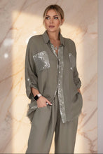 Load image into Gallery viewer, Women's Sequin Pocket &amp; Placket Oversized Shirt &amp; Wide-Leg Pants Set
