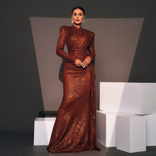 Load image into Gallery viewer, Long Sleeve Round Neck Sexy Slim Long Sequined Banquet Dress
