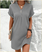 Load image into Gallery viewer, Button-Front V-Neck Dress – Short Sleeve Solid Casual Shirt Dress
