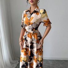 Load image into Gallery viewer, Women’s Printed Puff Sleeve Dress – Blouse Collar Cross-Tie Waist Style
