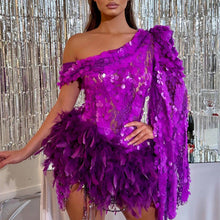 Load image into Gallery viewer, Purple Sequined Feather Skirt One-shoulder Sleeve Short Dress Luxury Party Stage Performance Dress
