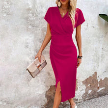 Load image into Gallery viewer, Split V-Neck Bodycon Dress – Slim Fit Short Sleeve Slit Dress
